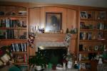 Bookcases, mantle, gas log