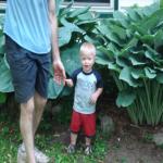 Connor, Daddy and the gigantic Hostas